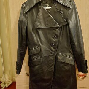 Vintage RUDSAK Black Leather Trench Coat | Double Breasted | Rare Est. 1994 Logo